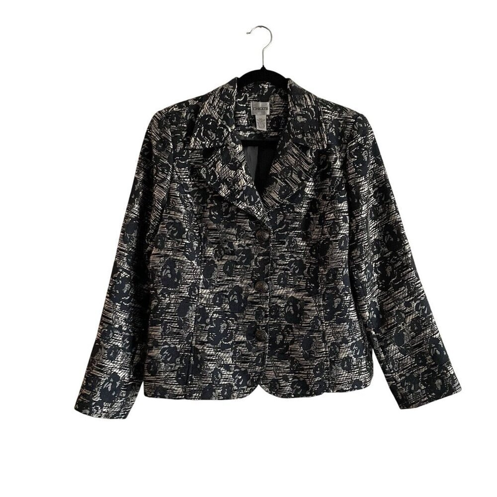 Chicos Women Sz 1/M Blue/Platinum Floral 2 Button Notched Lapel Blazer Jacket